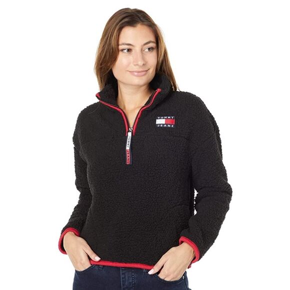 Tommy Hilfiger Jeans 1/4 Zip Sherpa Fleece Black Pullover Sweater Medium NWT - Picture 1 of 11